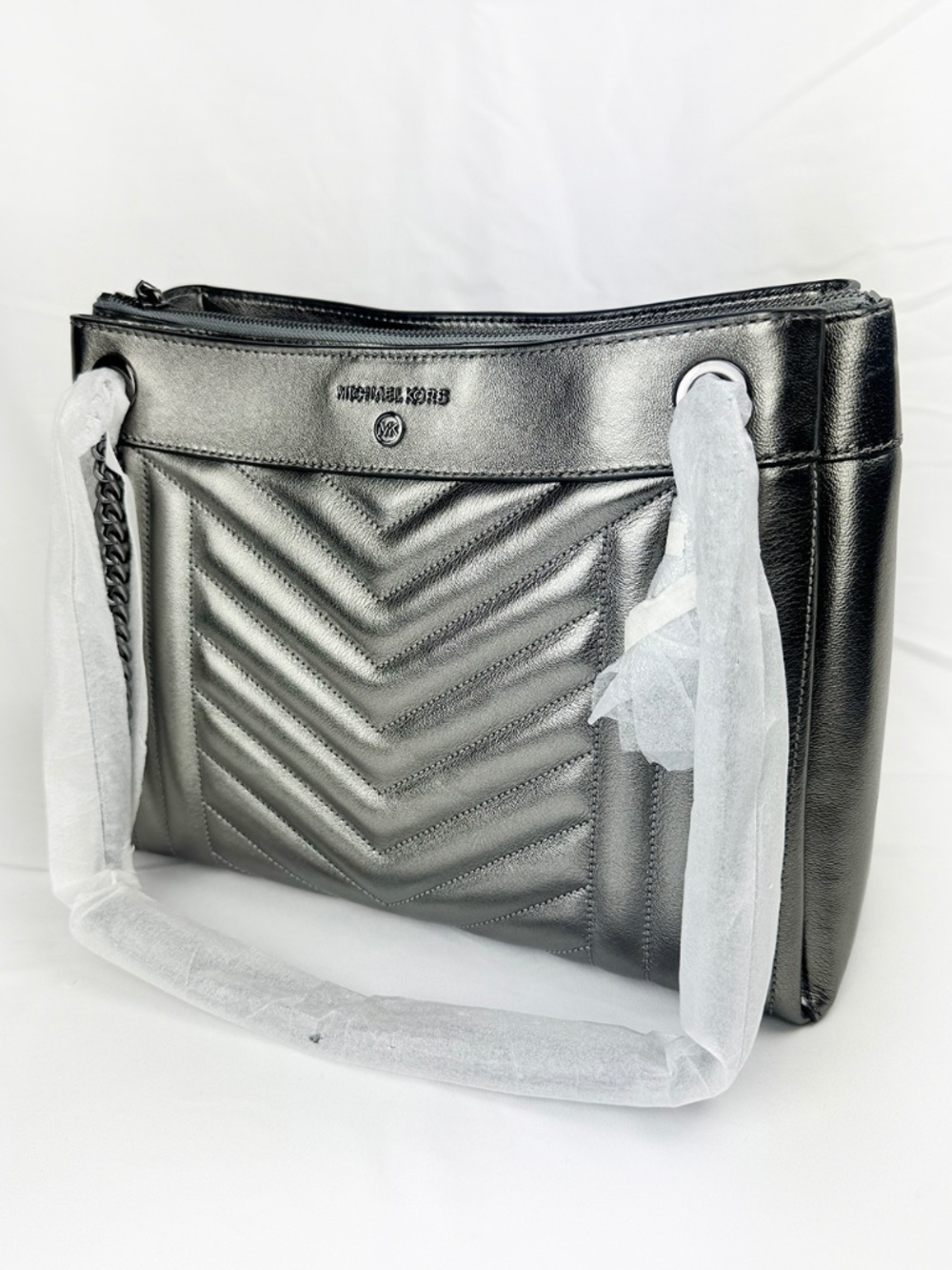 NWT Michael Kors Susan Anthracite/Gunmetal Leather Shoulder Bag w/ Chain Strap - Picture 2 of 12